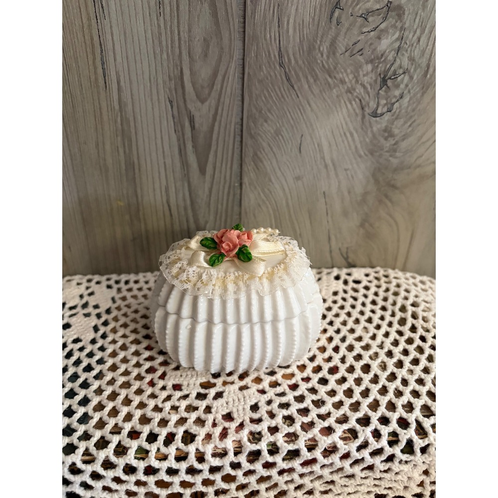 Vintage White Ceramic Ribbed Trinket Box Pink Rose Lace Pearl Jewelry Dish
